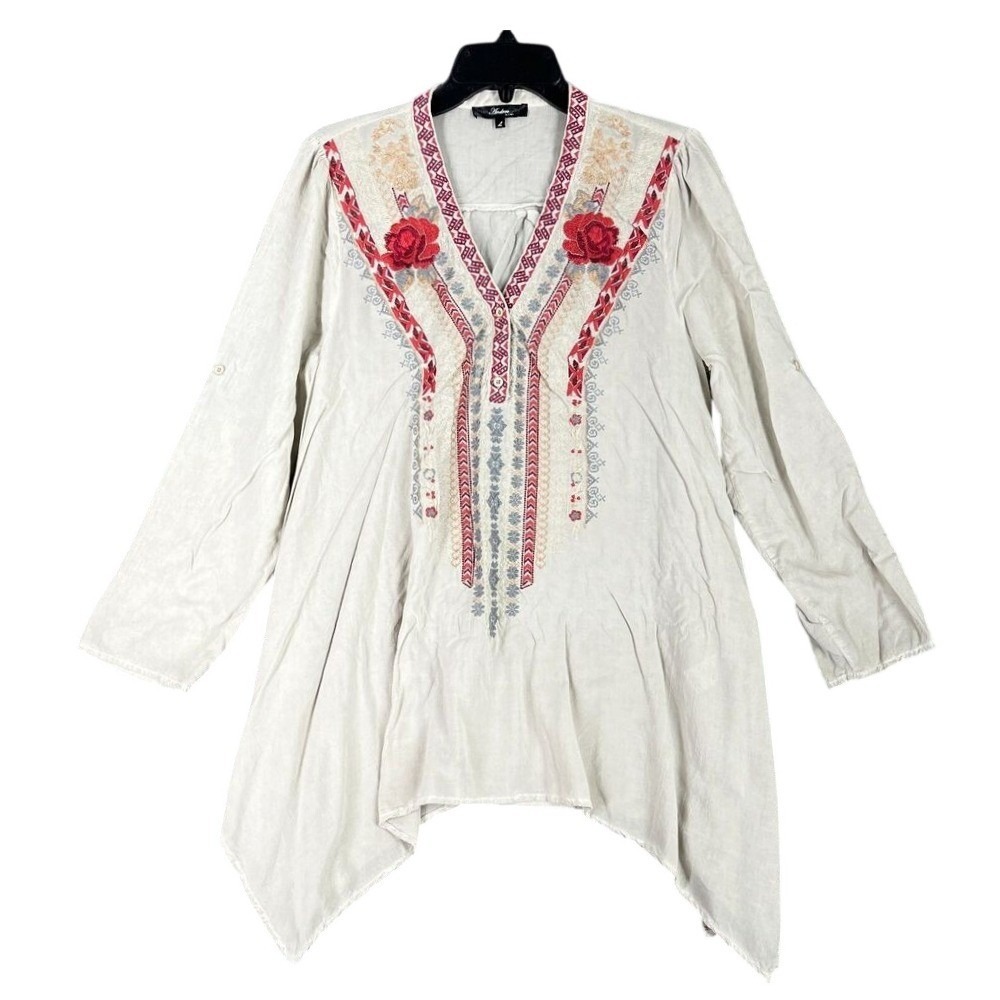 Andree Top Womens Large Beige Roll Tab‎ Sleeve V-Neck Boho Peasant Festival
